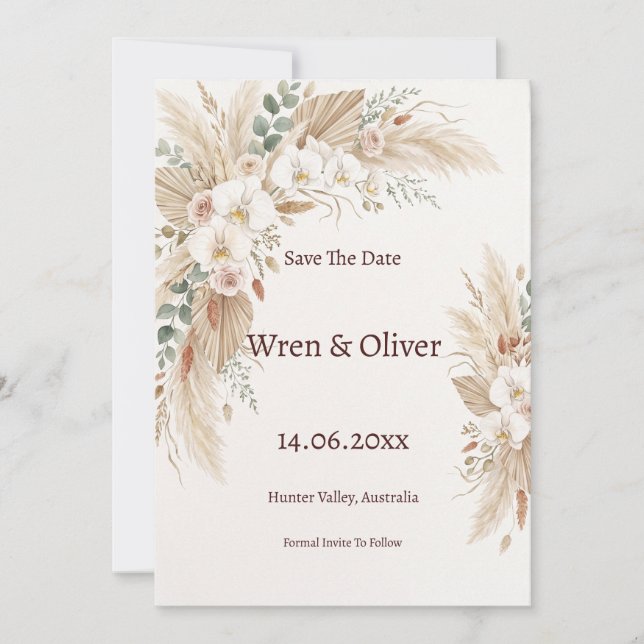 Boho-Pampasgras-Weiß-Orchideen-Karte zur Speicheru Save The Date (Vorderseite)