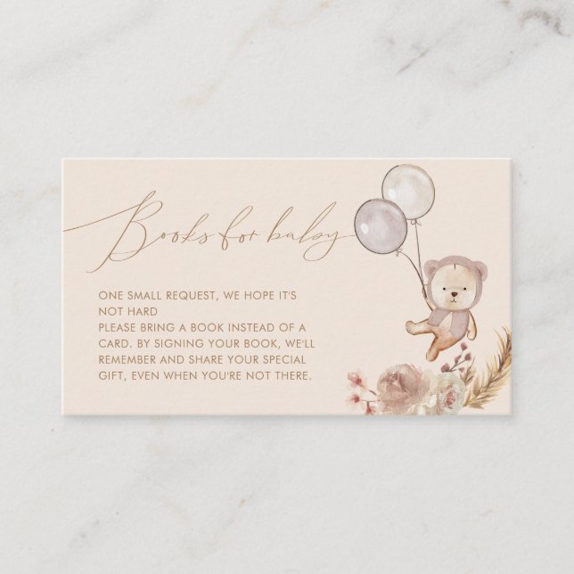 Boho Pampass Book Request Bear Balloon Babydusche Begleitkarte (Vorderseite)
