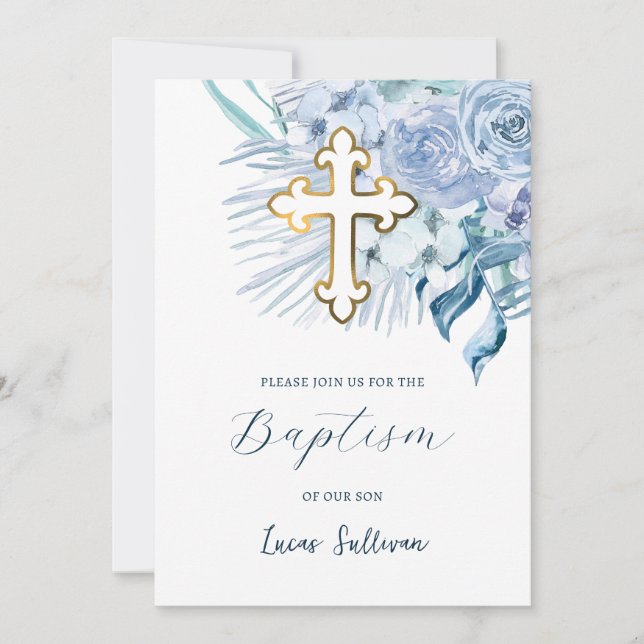 Boho Pastel Blue Baptisse Einladung (Vorderseite)
