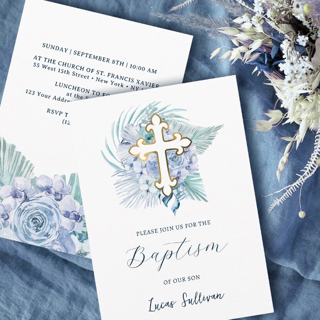 Boho Pastel Blue Bouquet Taufe Einladung (Von Creator hochgeladen)