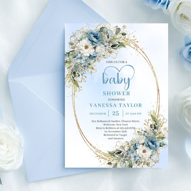 Boho Pastel Blue Floral Baby Shower Invitation Einladung (Boho Pastel Blue Floral Baby Shower Invite.............)