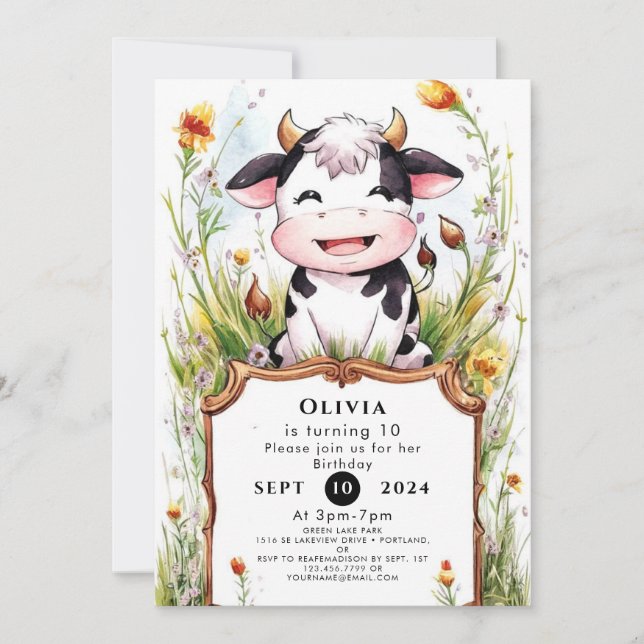 Boho Pastel Cow Birthday Einladung (Vorderseite)