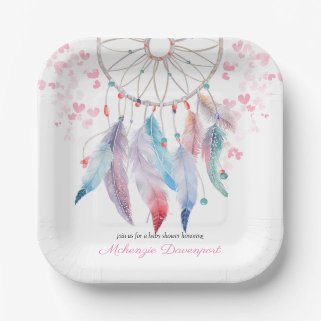 Boho Pastel Feathers Dreamcatcher Girl Babydusche Pappteller (Vorderseite)