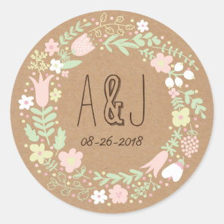 Boho Pastel Floral Wreath Rustikale Hochzeit Runder Aufkleber