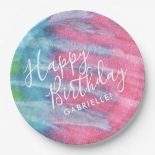 Boho Pastel Gefärbte Krawatte Glücklich Geburtst Pappteller