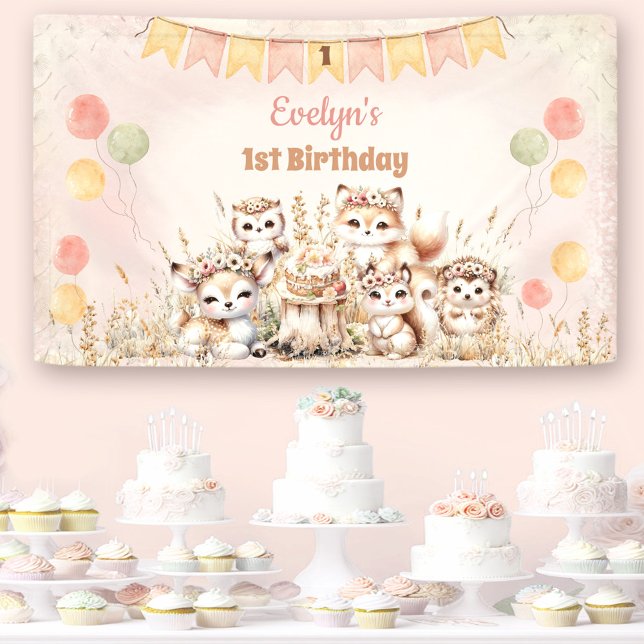 Boho Pastel Girl 1. Geburtstag Banner (Woodland Animals Boho Pastel Girl 1st Birthday Banner)