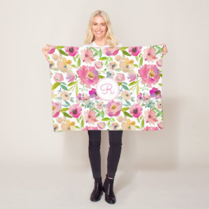 Boho Pastel Pink Green Floral Wasserfarbe Botanisc Fleecedecke