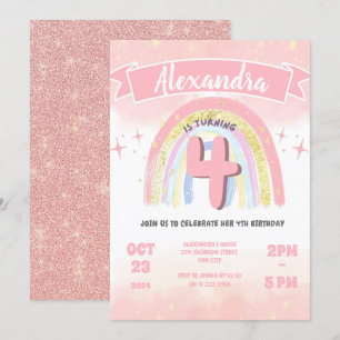Boho Pastel Rainbow 4. Four Birthday Girl Glitzer Einladung