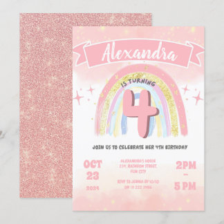 Boho Pastel Rainbow 4. Four Birthday Girl Glitzer Einladung