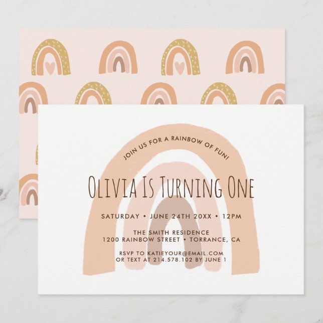 Boho Pastel Rainbow Erster Geburtstag Einladung (Vorne/Hinten)