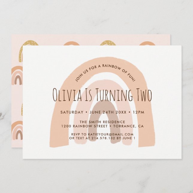 Boho Pastel Rainbow Zweiter Geburtstag Einladung (Vorne/Hinten)