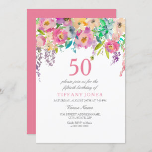 Boho Pastel Watercolor Blume 50. Geburtstagsparty Einladung