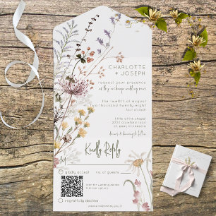 Boho Pastel Wildblumen Moderner QR-Code All In One Einladung