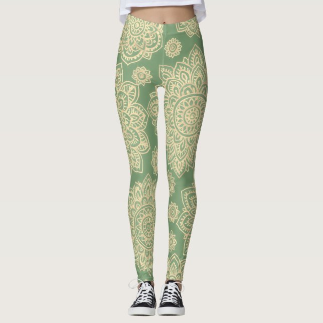 Boho Pastell Mandala Salbei Grün Leggings (Vorderseite)