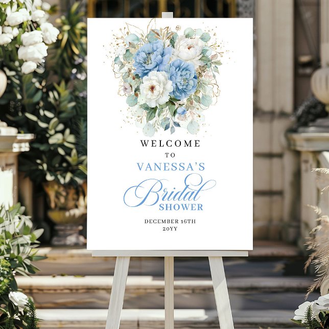 Boho Pastellblaue Blumen Brautparty Willkommen Poster (Boho Pastel Blue Flowers Bridal Shower Welcome)