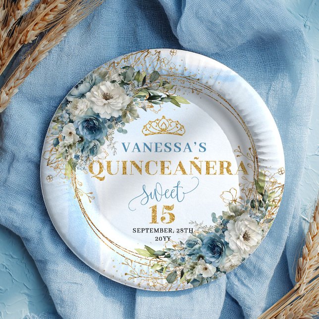 Boho-Pastellblaue Blumen Gold Personalisierte Quin Pappteller (Boho Pastel Blue Flowers Gold Personalized Quince)