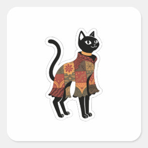 Boho-Patchwork-Katze, Volksgut-Sticker Quadratischer Aufkleber