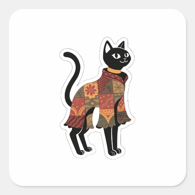 Boho-Patchwork-Katze, Volksgut-Sticker Quadratischer Aufkleber (Vorderseite)