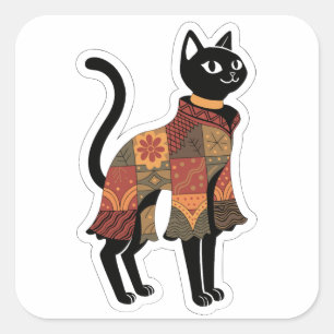 Boho-Patchwork-Katze, Volksgut-Sticker Quadratischer Aufkleber
