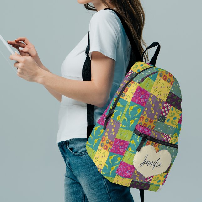 Boho Patchwork Quilt and Heart Shape Personalisier Bedruckter Rucksack (Von Creator hochgeladen)
