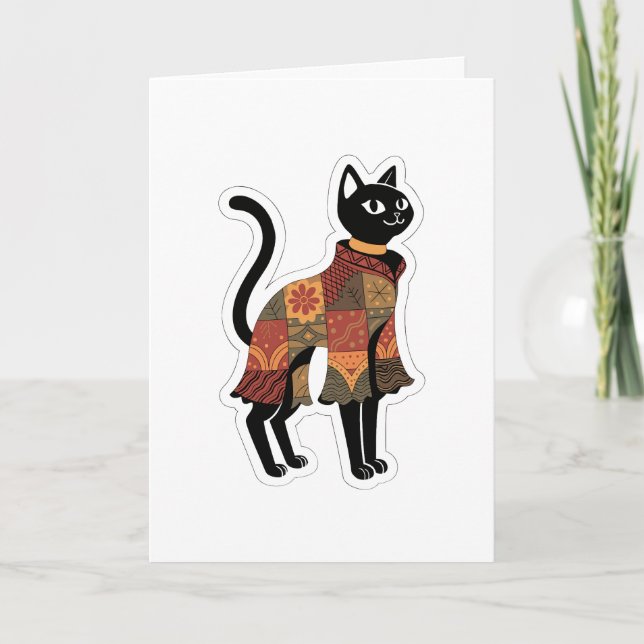 Boho-Patchwork-Schwarze-Katz-Grußkarte Karte (Vorderseite)