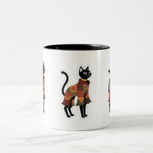 Boho-Patchwork-Schwarze-Katzen-Kaffeetasse Zweifarbige Tasse