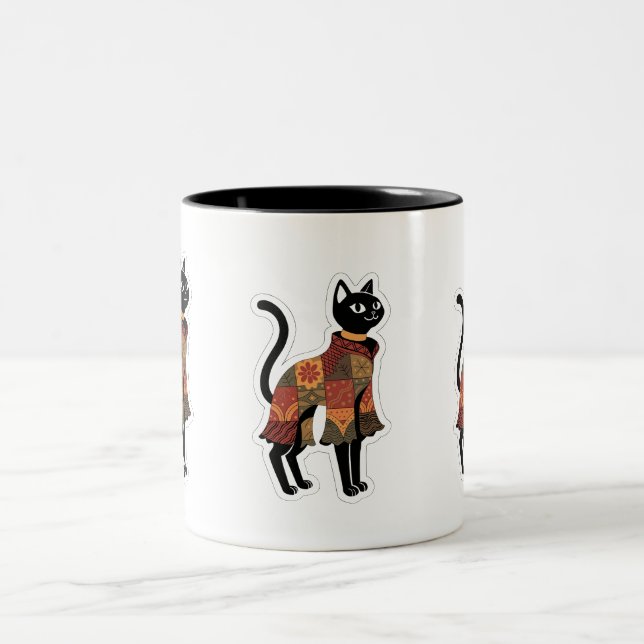 Boho-Patchwork-Schwarze-Katzen-Kaffeetasse Zweifarbige Tasse (Mittel)