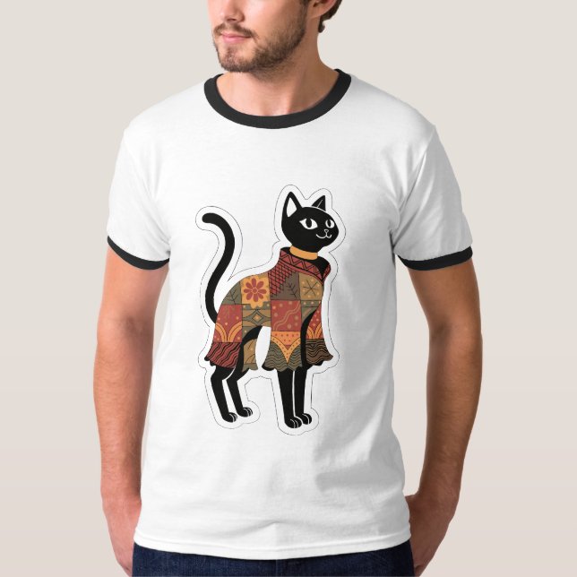Boho-Patchwork-Schwarzkatze-Grafik-T-Shirt T-Shirt (Vorderseite)