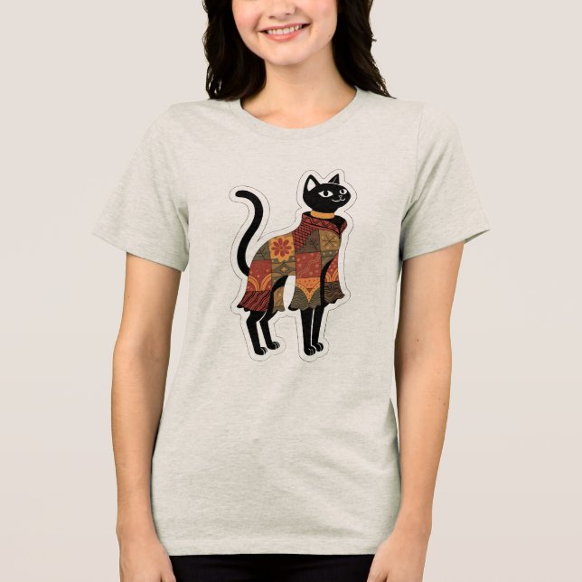 Boho-Patchwork-Schwarzkatze-Grafik-T-Shirt Tri-Blend Shirt (Vorderseite)