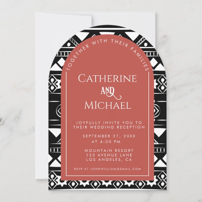 Boho Pattern Foto Arch Coral Hochzeitsempfang Einladung (Vorderseite)