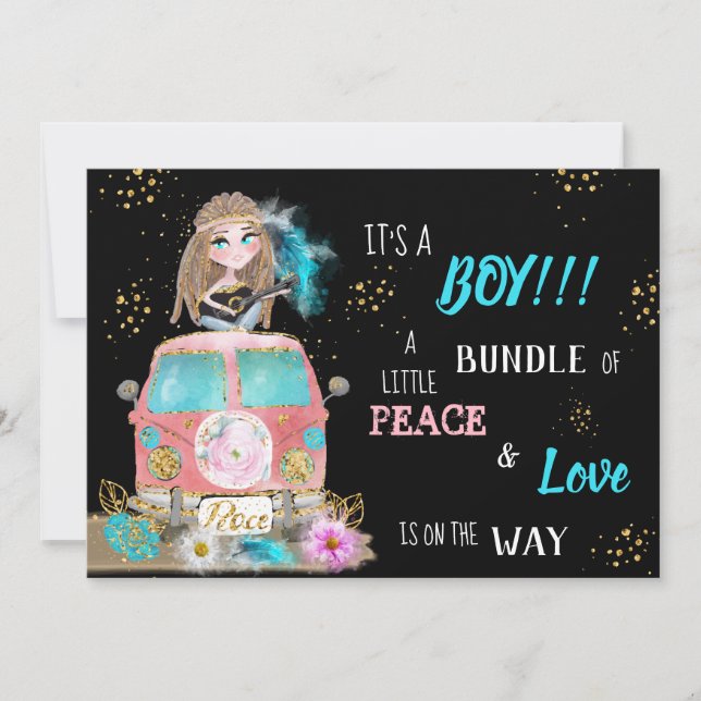 * Boho Peace & Liebe Hippie Car Bus Baby Boy Einladung (Vorderseite)