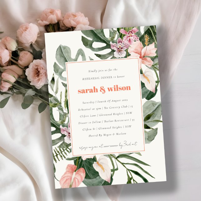 Boho Peach Blush Tropical Floral Rehearsal Dinner Einladung (Von Creator hochgeladen)
