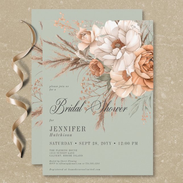 Boho Peach & Cream Blumengrün Brautparty Einladung (Boho Peach & Cream Floral Green Bridal Shower Invitation)