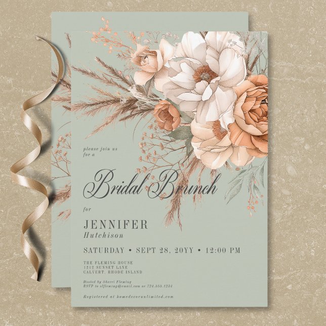 Boho Peach & Cream Green Bridal Brunch Einladung (Boho Peach & Cream Floral Green Bridal Brunch Invitation)