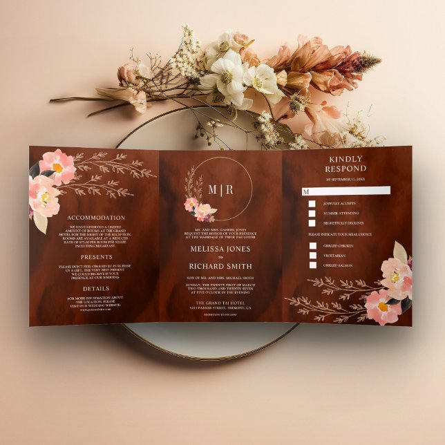 Boho Peach Floral Burnt Orange Terracotta Wedding Dreifach Gefaltete Einladung (Von Creator hochgeladen)