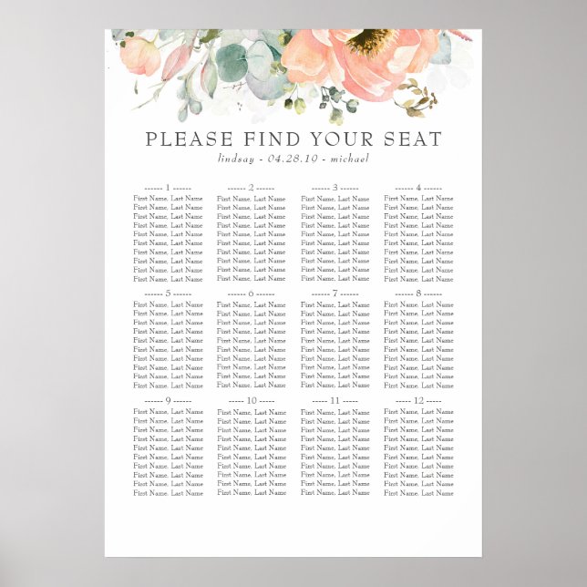 Boho Peach Floral Wedding Chart Poster (Vorne)
