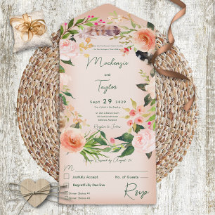 Boho Peach Floral Wreath & Feathers Dinner All In One Einladung