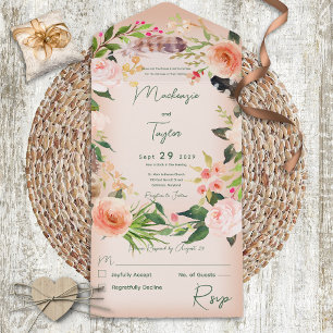 Boho Peach Floral Wreath & Feathers Kein Abendesse All In One Einladung