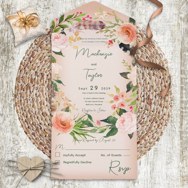 Boho Peach Floral Wreath & Feathers Kein Abendesse All In One Einladung (Von Creator hochgeladen)