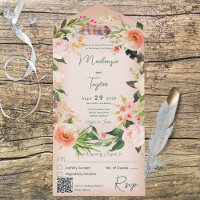 Boho Peach Floral Wreath & Feathers QR Code
