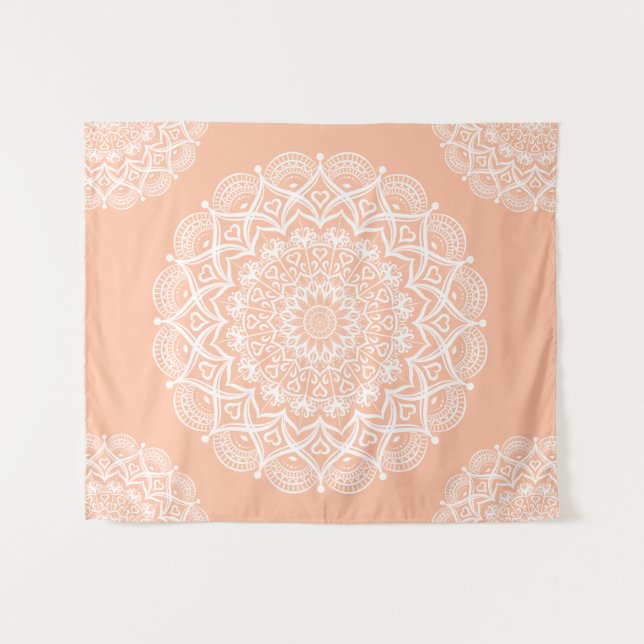Boho Peach Mandala Wandteppich (Vorderseite (Horizontal))
