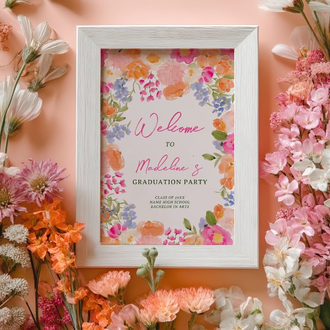 Boho Peach Pink Floral Graduation Party Willkommen Poster (Boho Peach Pink Floral Graduation Party Welcome Poster)