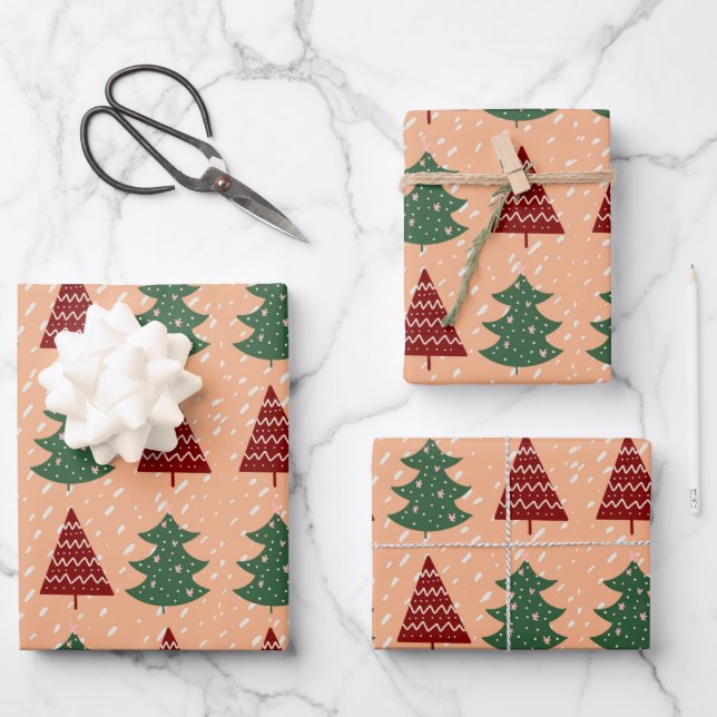 Boho Peach Red Green Weihnachtsbaumen Urlaub Geschenkpapier Set (Vorderseite)