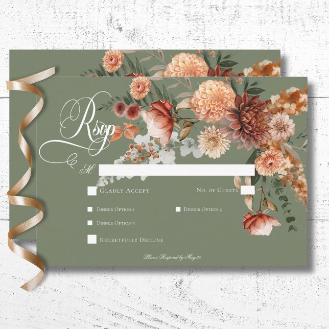 Boho Peach & Rust Blumengeschenk Grünes Abendessen RSVP Karte (Boho Peach & Rust Floral Sage Green Dinner RSVP Card)