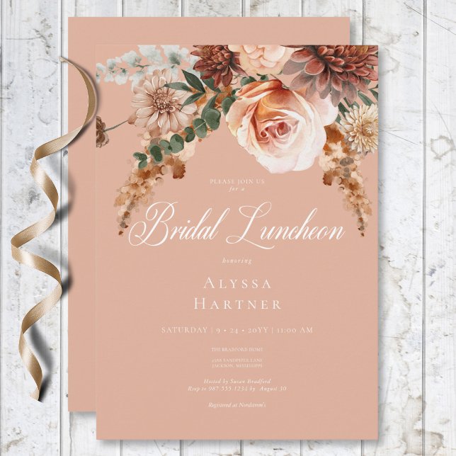 Boho Peach & Rust Blumenpfirsich Blush Bridley Mit Einladung (Boho Peach & Rust Floral Peach Blush Bridal Lunch Invitation)