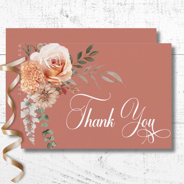 Boho Peach & Rust Blumenrost Hochzeit Dankeskarte (Boho Peach & Rust Floral Rust Wedding Thank You Card)