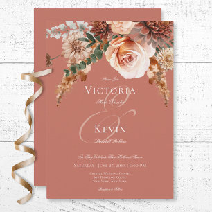 Boho Peach & Rust Blumenrost Hochzeit Einladung