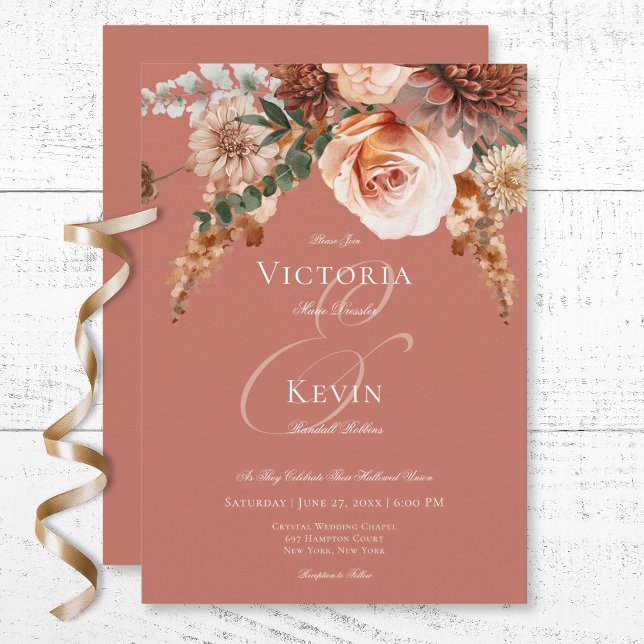 Boho Peach & Rust Blumenrost Hochzeit Einladung (Boho Peach & Rust Floral Rust Wedding Invitation)