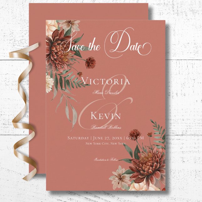 Boho Peach & Rust Blumenrost Hochzeit Save The Date (Boho Peach & Rust Floral Rust Wedding Save The Date Card)