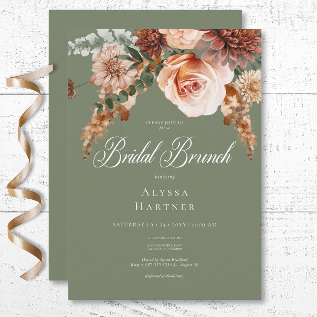 Boho Peach & Rust Blumensage Green Bridal Brunch Einladung (Boho Peach & Rust Floral Sage Green Bridal Brunch Invitation)